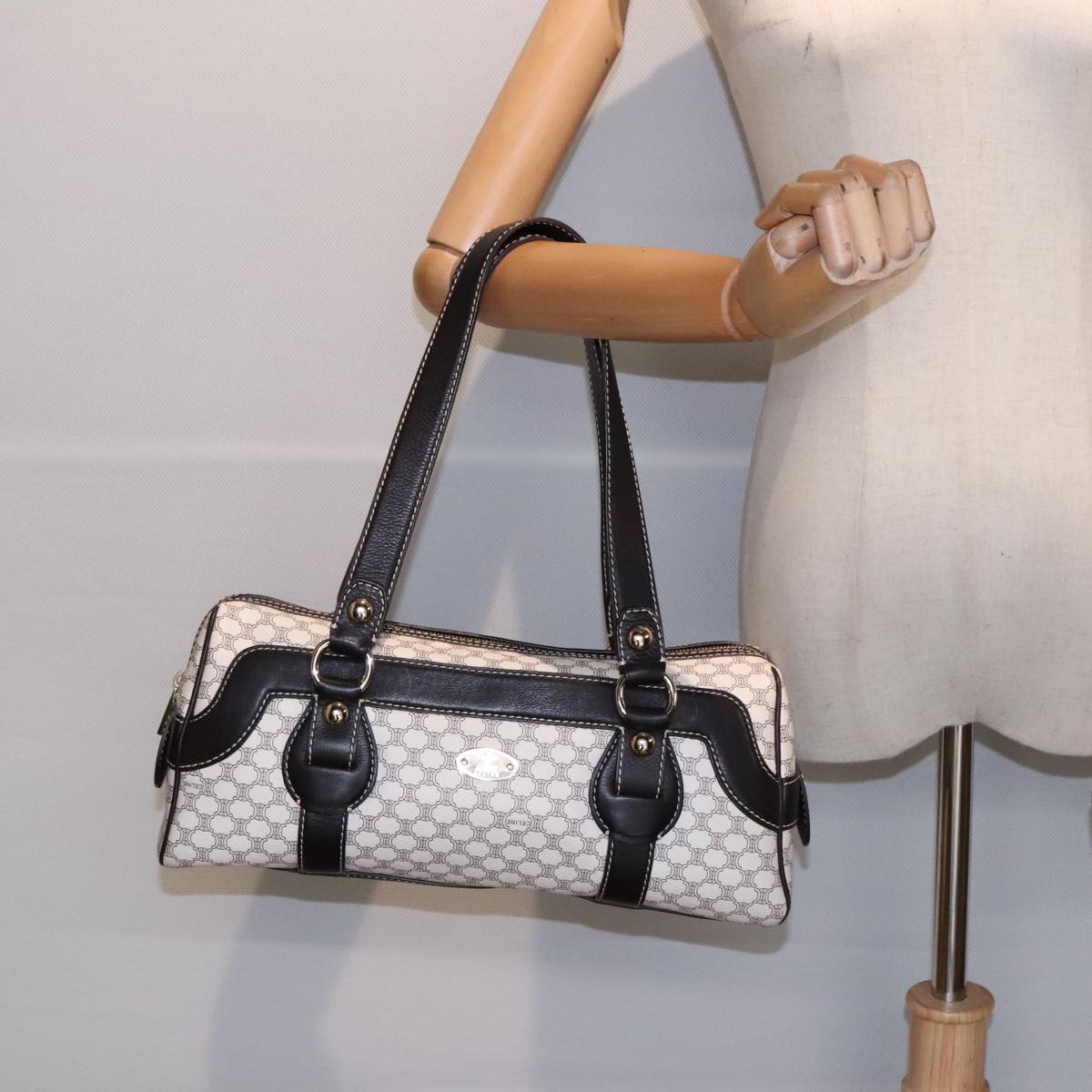 CELINE Macadam Canvas Hand Bag PVC White Gold Auth 89265