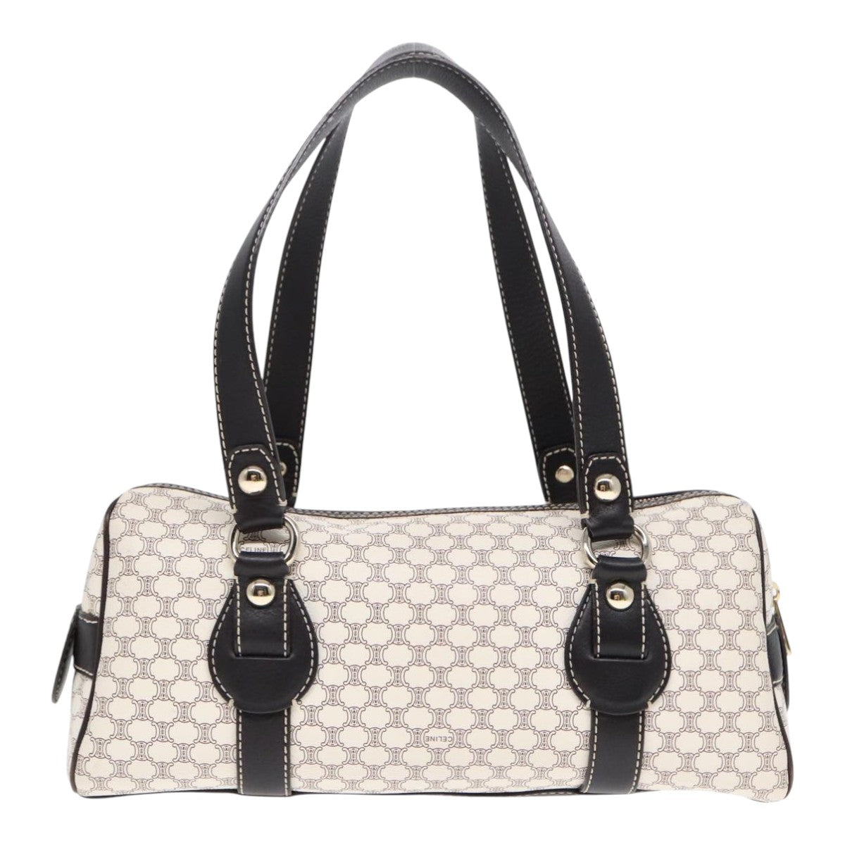 CELINE Macadam Canvas Hand Bag PVC White Gold Auth 89265