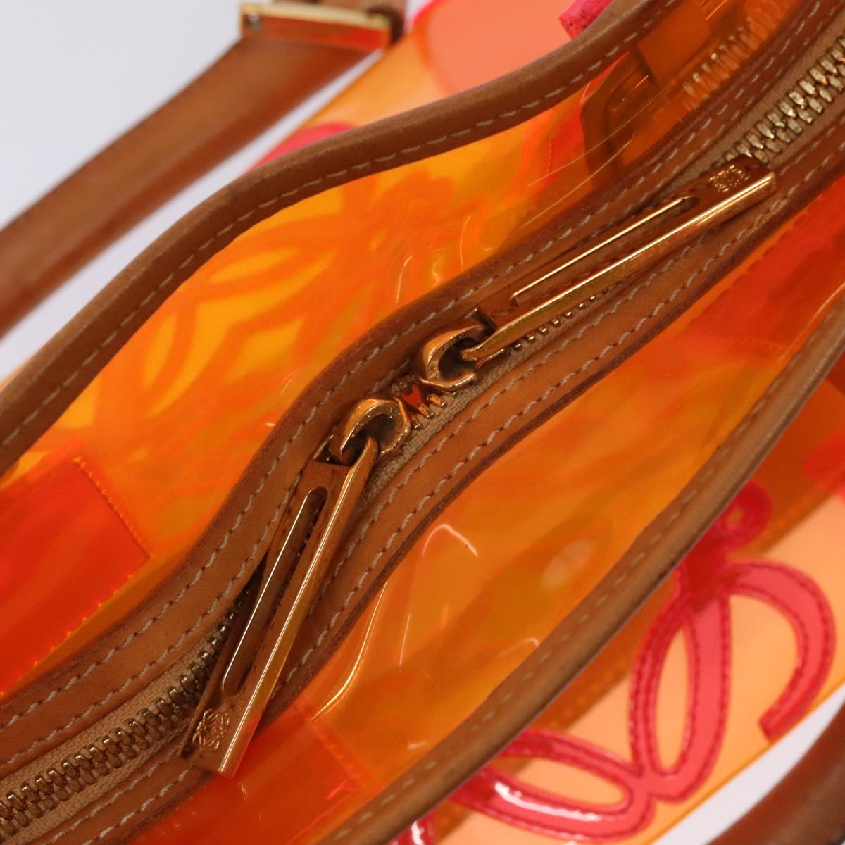 LOEWE Anagram Americana 28 Hand Bag Vinyl Orange Gold Auth 89314