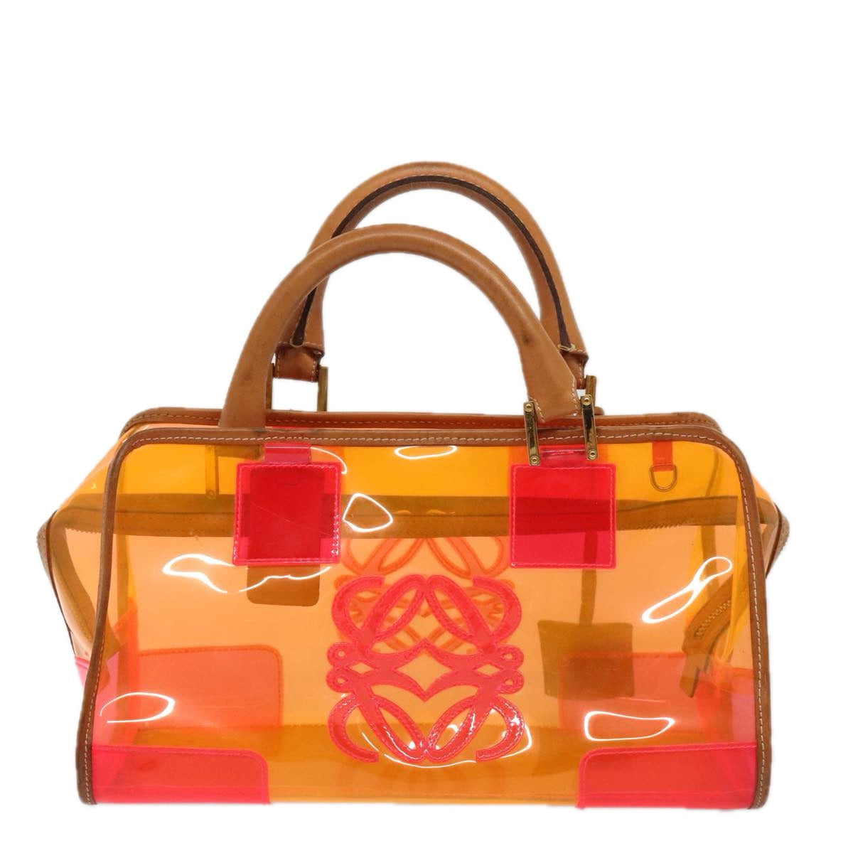 LOEWE Anagram Americana 28 Hand Bag Vinyl Orange Gold Auth 89314