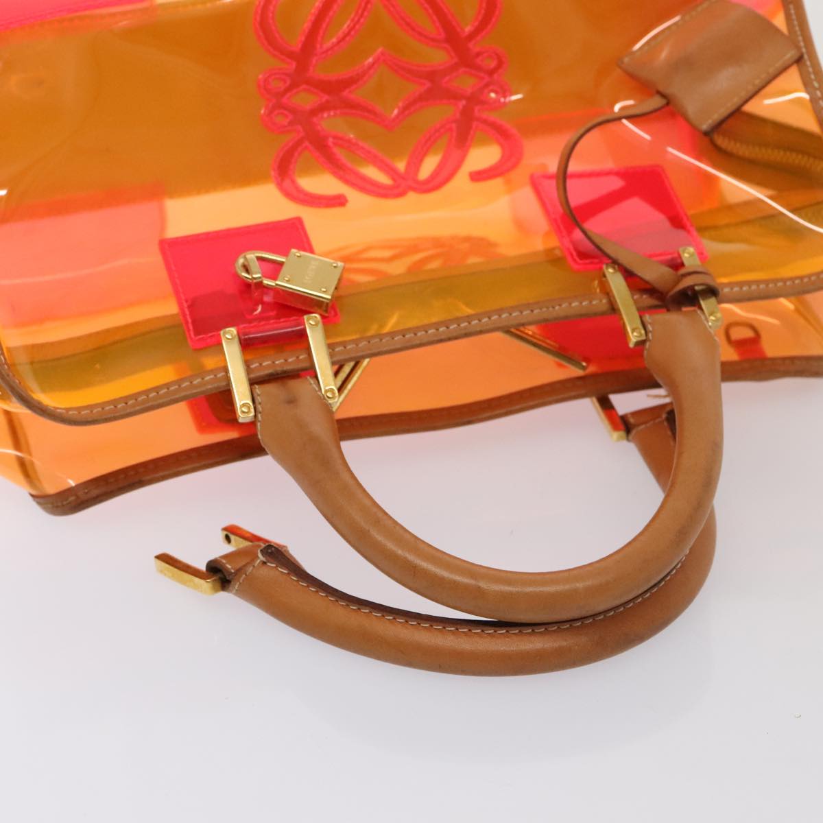 LOEWE Anagram Americana 28 Hand Bag Vinyl Orange Gold Auth 89314