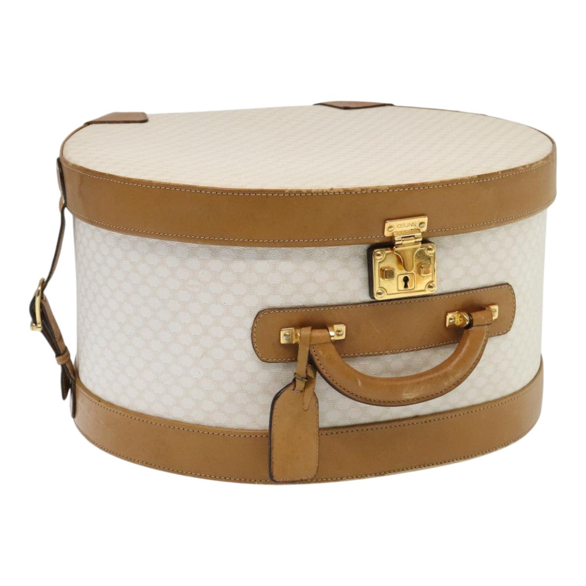 CELINE Macadam Canvas Hat Case Trunk PVC Leather White Auth 89338