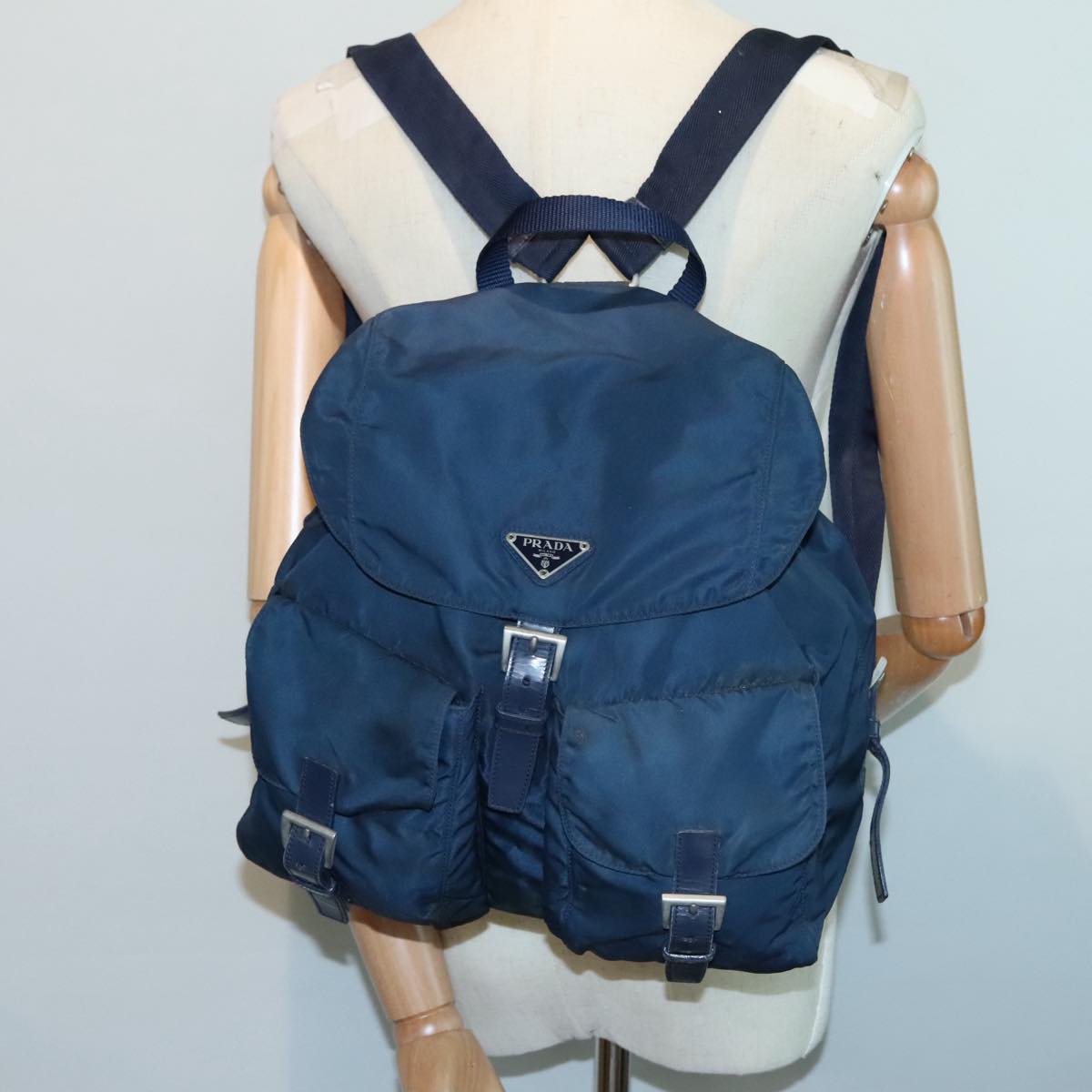 PRADA Backpack Nylon Navy Silver Auth 89367