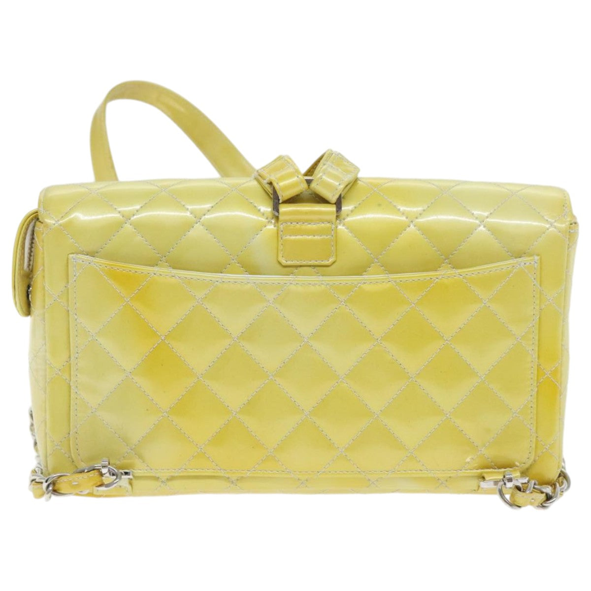 CHANEL Matelasse Backpack Patent leather Yellow Silver CC Auth 89374