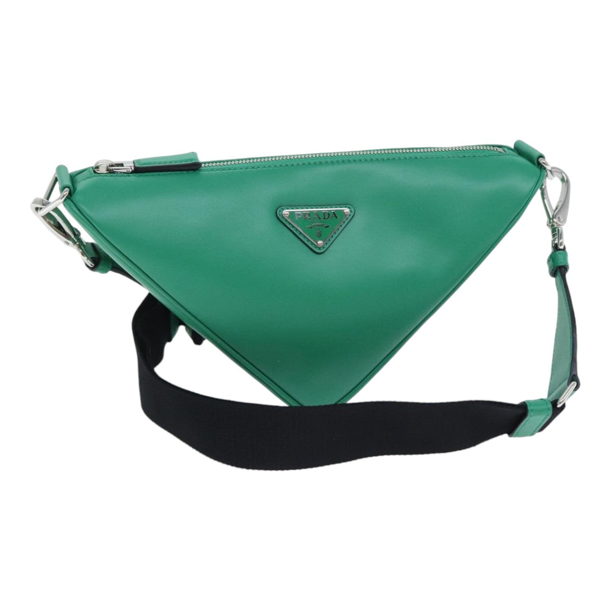 PRADA Triangle Shoulder Bag Leather Green Silver Auth 89412S