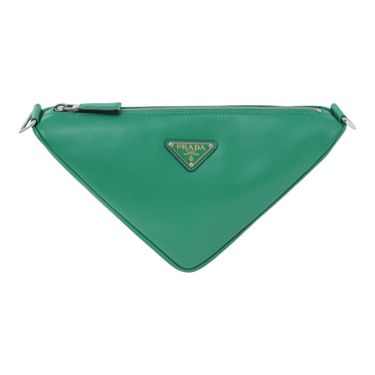 PRADA Triangle Shoulder Bag Leather Green Silver Auth 89412SM