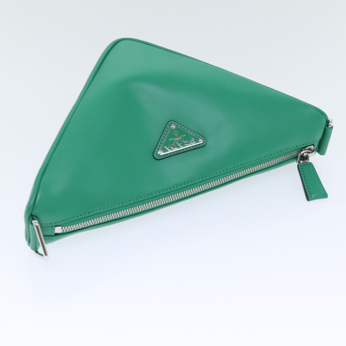 PRADA Triangle Shoulder Bag Leather Green Silver Auth 89412SM