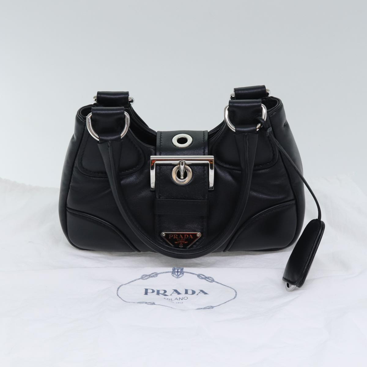 PRADA Moon Hand Bag Leather Black Silver 1BA381 Auth 89413S