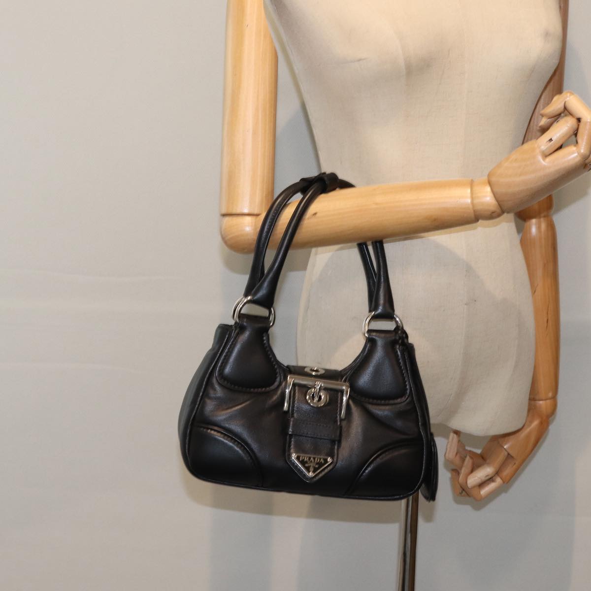 PRADA Moon Hand Bag Leather Black Silver 1BA381 Auth 89413S