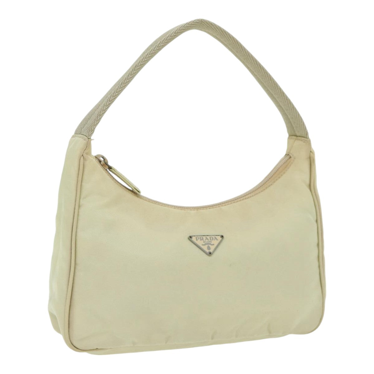 PRADA Hand Bag Nylon Cream Silver Auth 89428