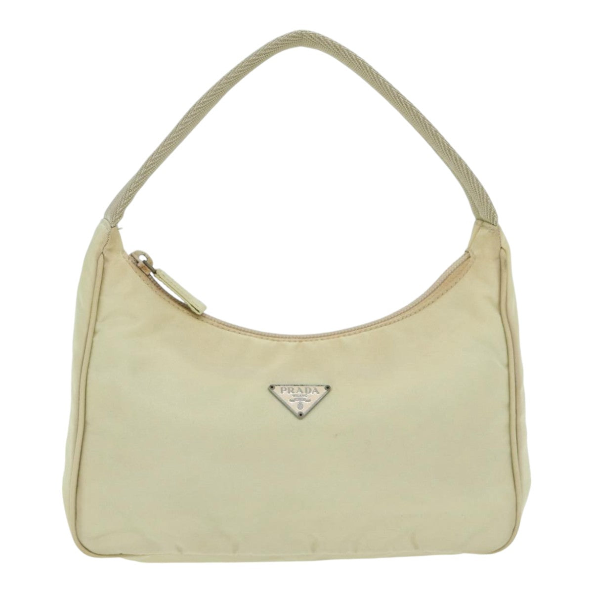 PRADA Hand Bag Nylon Cream Silver Auth 89428