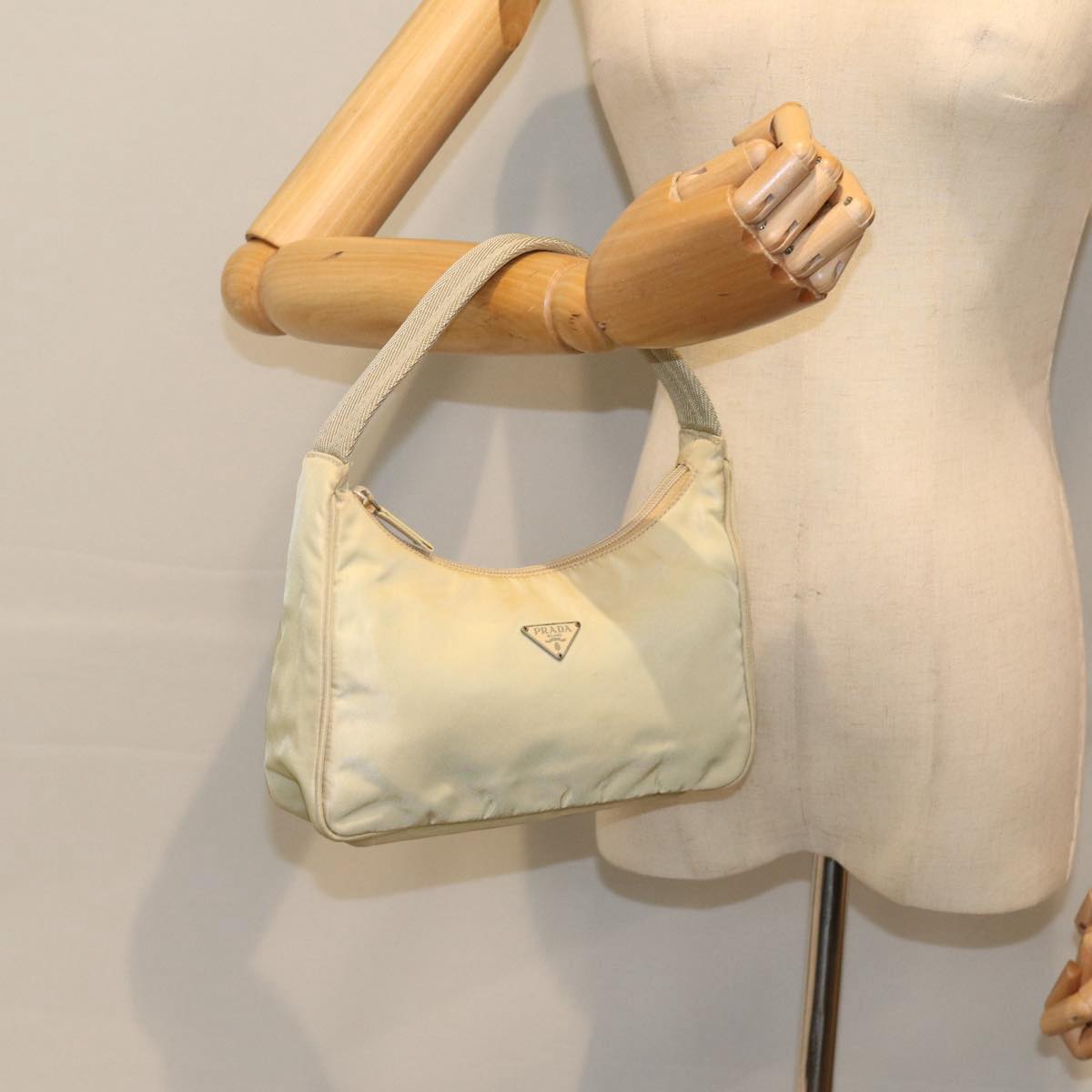 PRADA Hand Bag Nylon Cream Silver Auth 89428