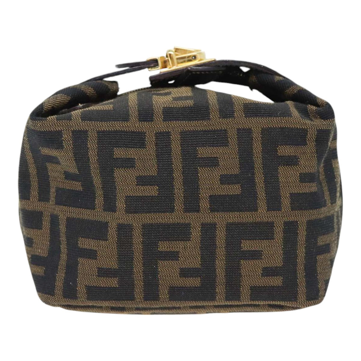 FENDI Zucca Canvas Vanity Hand Bag Brown Black gold Auth 89433