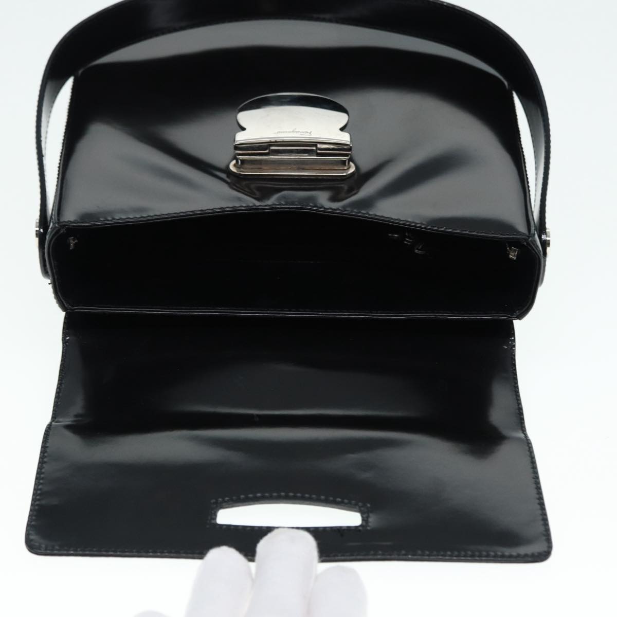 Salvatore Ferragamo Hand Bag Patent leather Black Silver Auth 89519