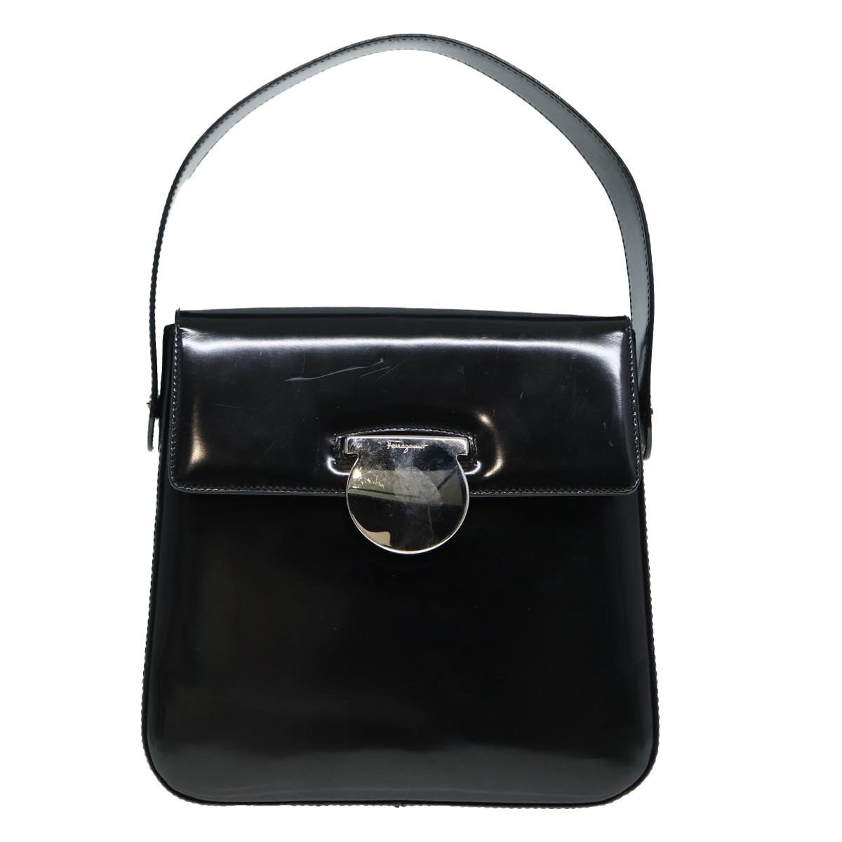 Salvatore Ferragamo Hand Bag Patent leather Black Silver Auth 89519