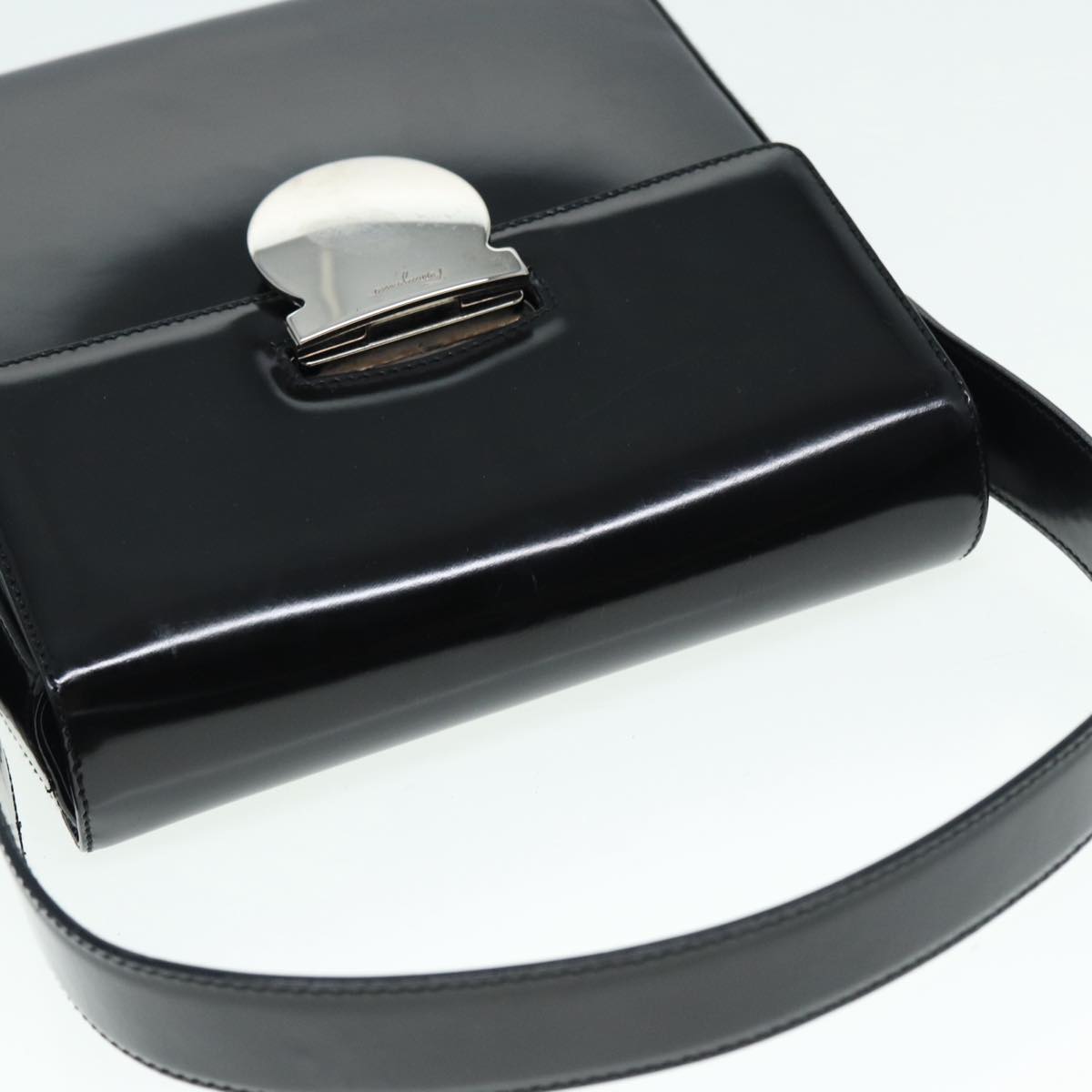 Salvatore Ferragamo Hand Bag Patent leather Black Silver Auth 89519