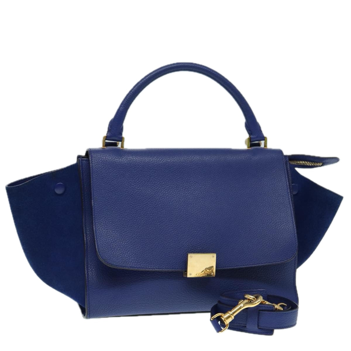 CELINE Trapeze Hand Bag Leather 2way Blue Gold Auth 89567