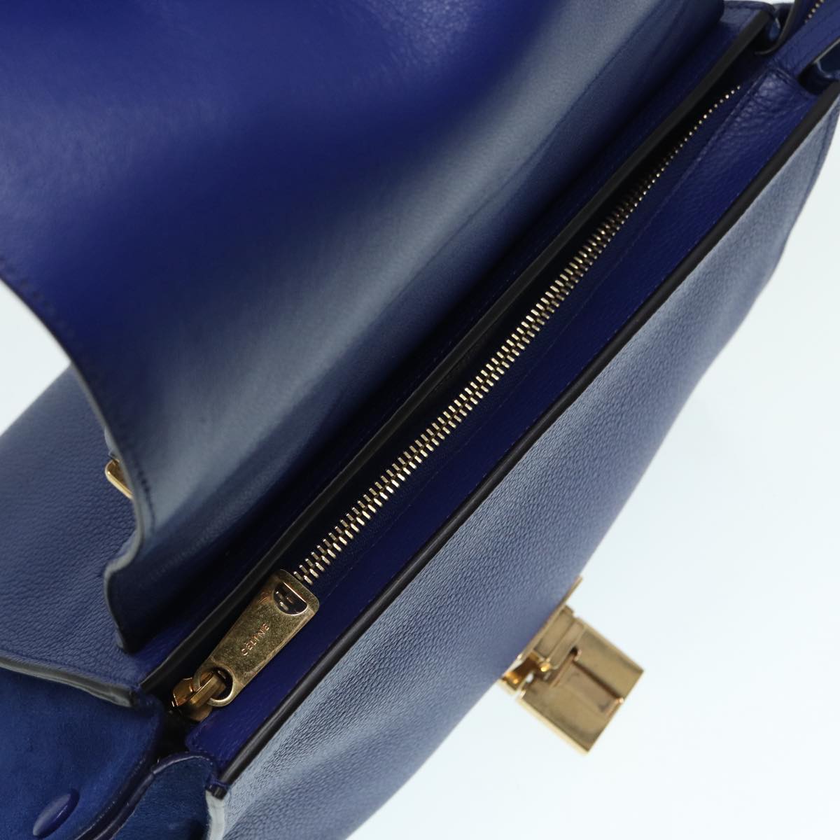 CELINE Trapeze Hand Bag Leather 2way Blue Gold Auth 89567