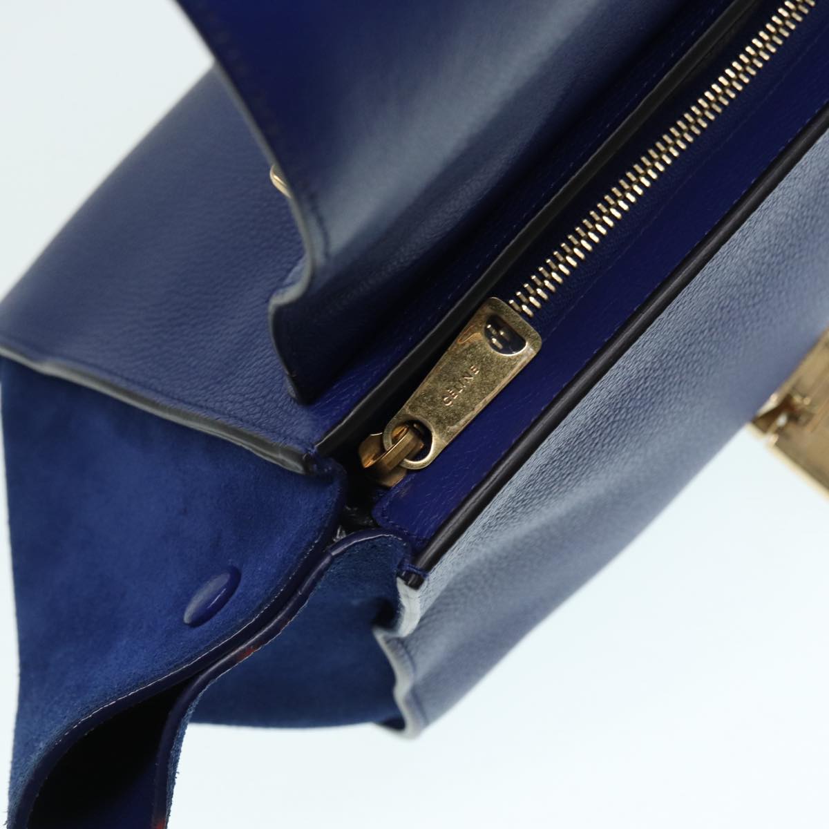 CELINE Trapeze Hand Bag Leather 2way Blue Gold Auth 89567