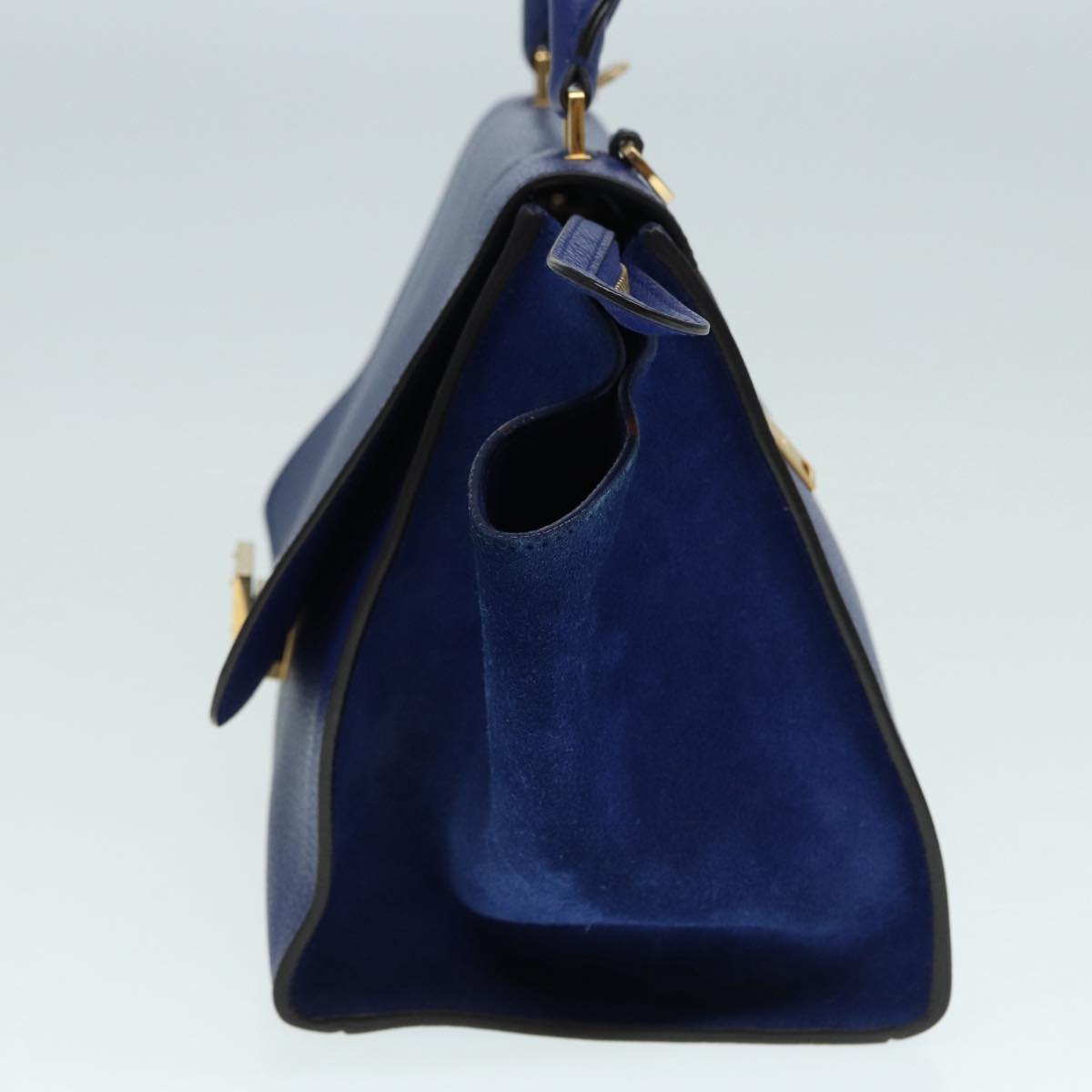 CELINE Trapeze Hand Bag Leather 2way Blue Gold Auth 89567