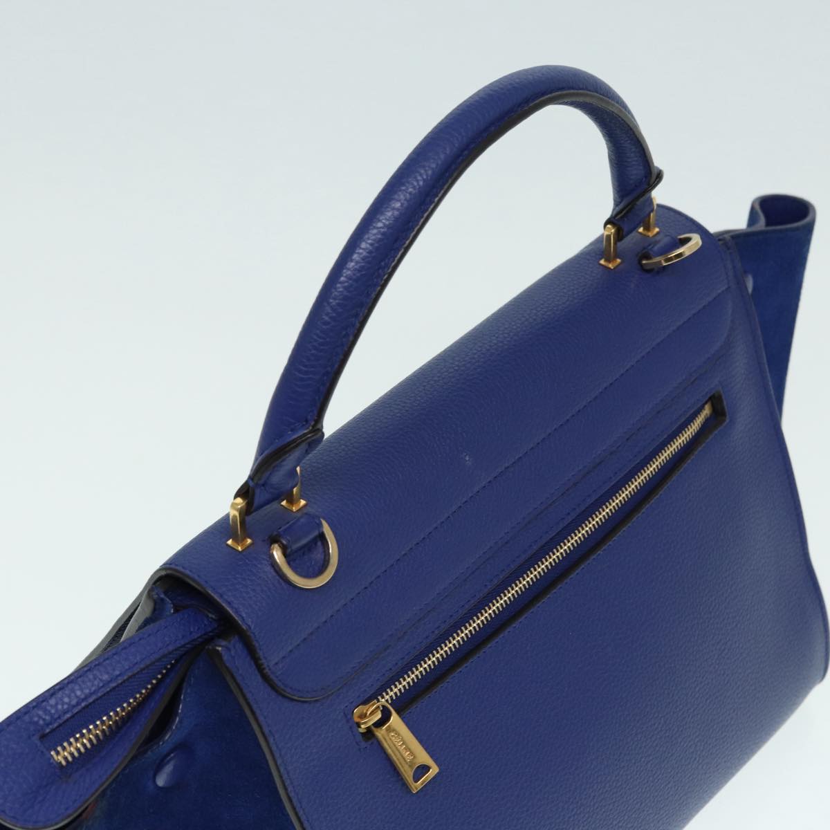 CELINE Trapeze Hand Bag Leather 2way Blue Gold Auth 89567