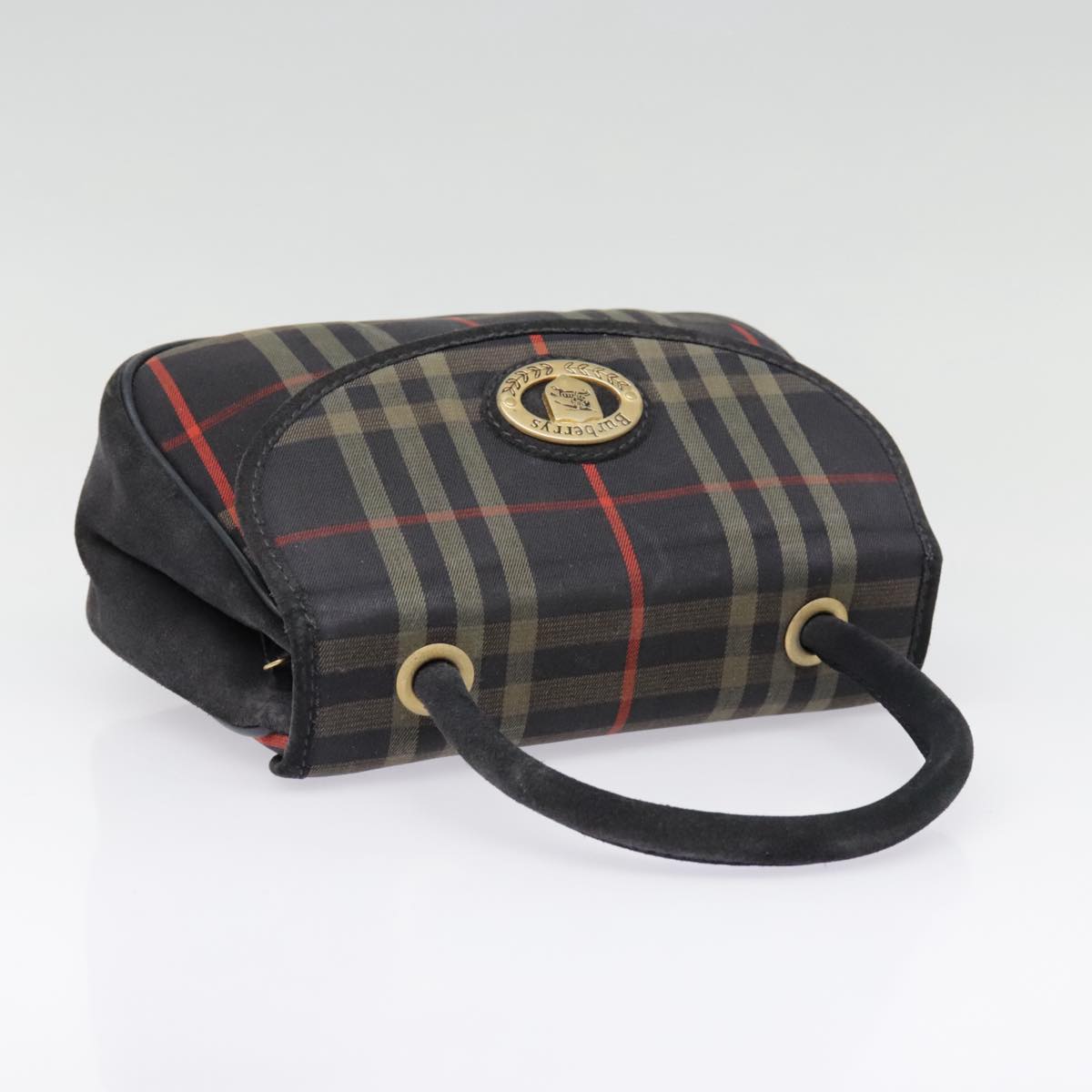 Burberrys Nova Check Hand Bag Canvas Suede 2way Navy Gold Auth 89609