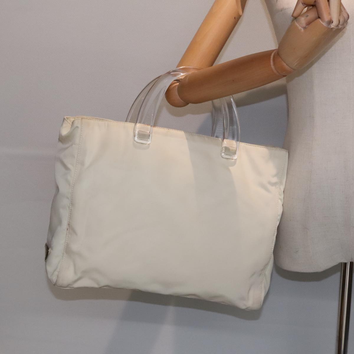 PRADA Hand Bag Nylon White Silver Auth 89620