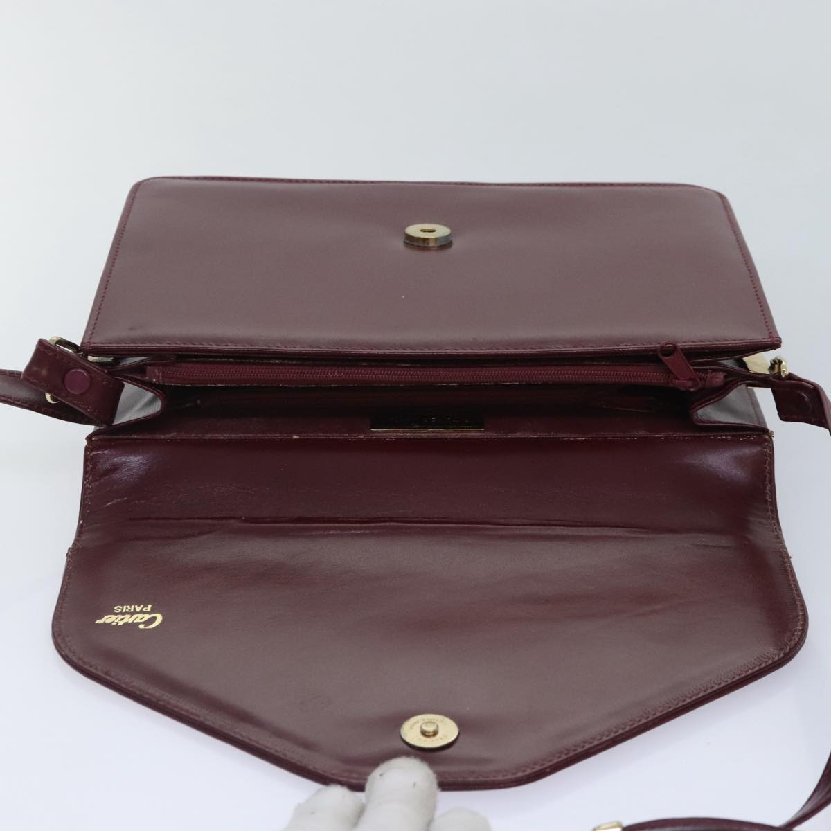 CARTIER Shoulder Bag Leather Bordeaux Gold Auth 89702