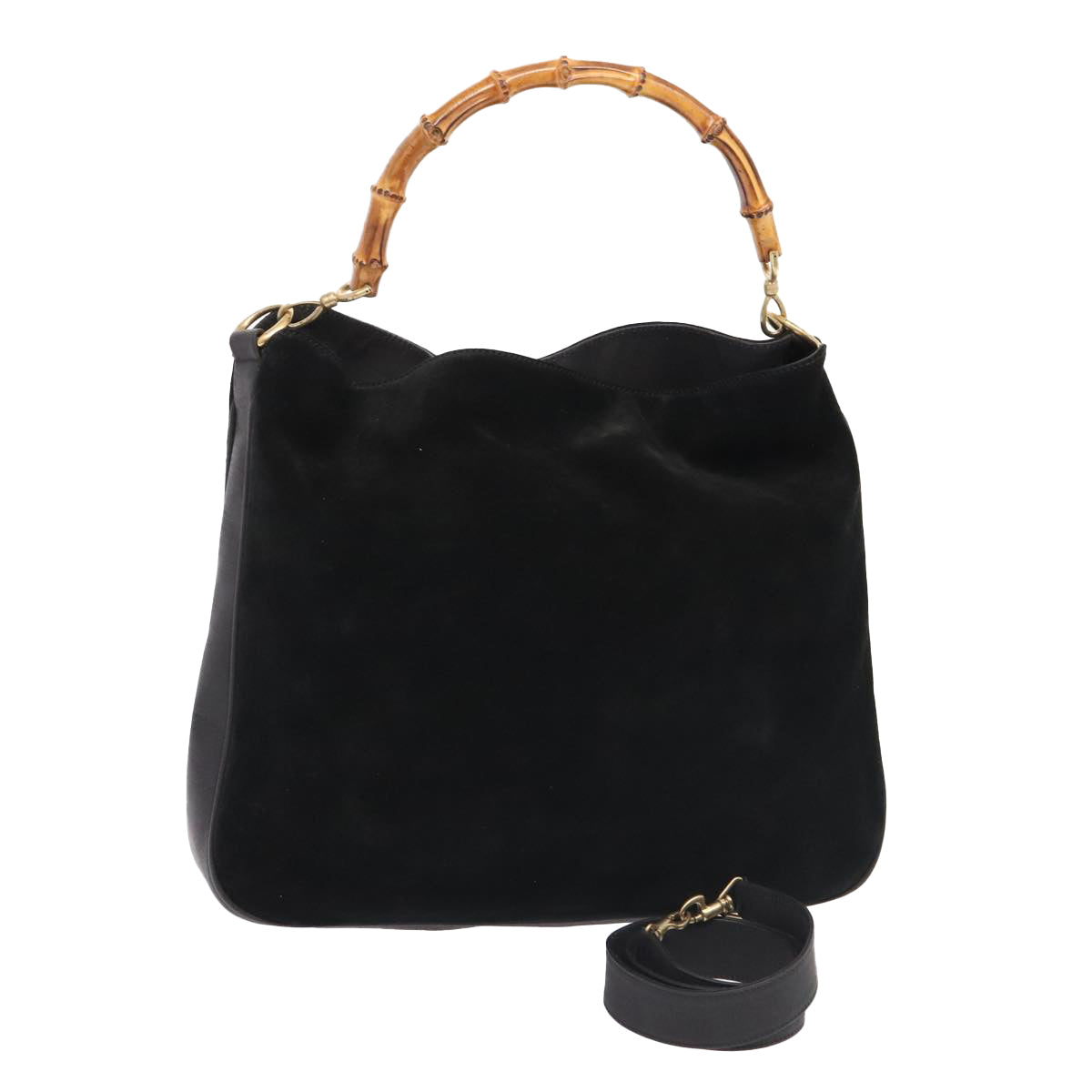 GUCCI Bamboo Hand Bag Suede Leather 2way Black Gold 001 2404 15770 Auth 89704