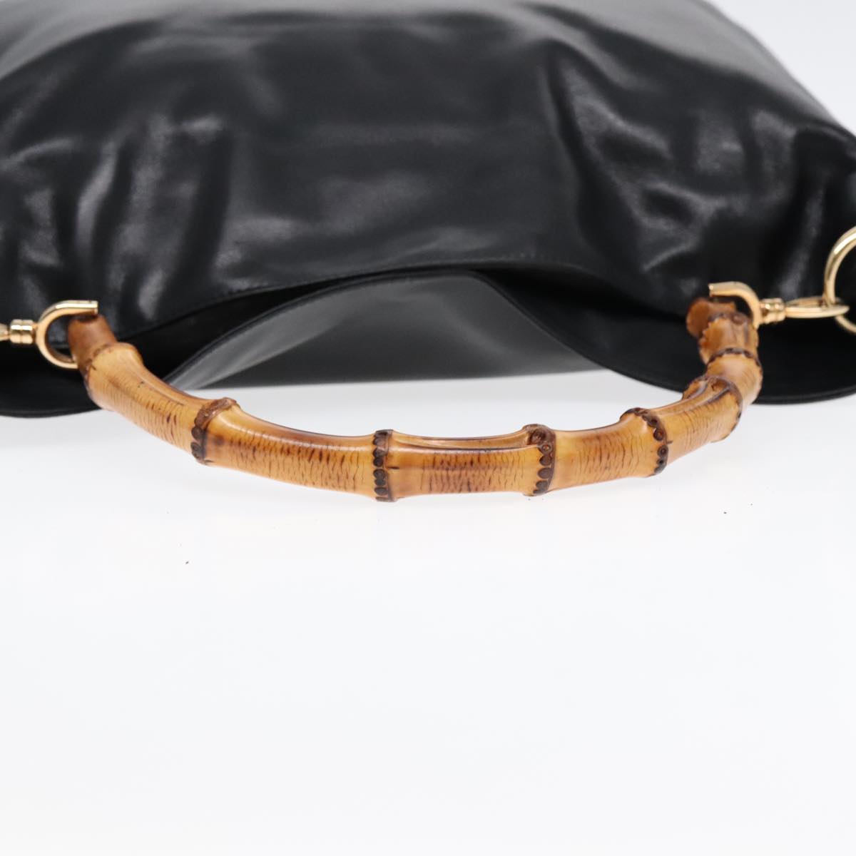 GUCCI Bamboo Hand Bag Leather Black Gold 001 1781 1577 Auth 89712