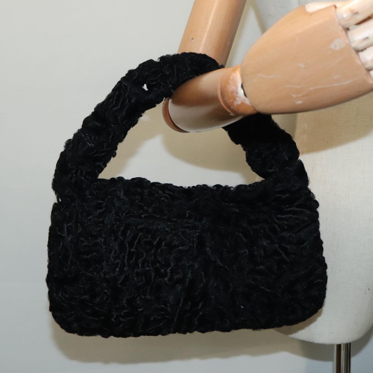 FENDI Hand Bag Wool Black Gold Auth 89722