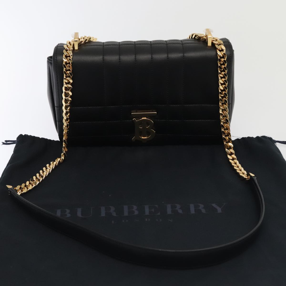 BURBERRY Roller Chain Shoulder Bag Leather Black Gold Auth 89730A