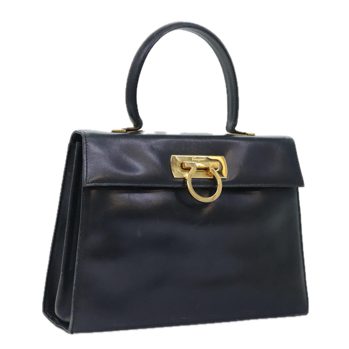 Salvatore Ferragamo Gancini Hand Bag Leather Navy Gold Auth 89731