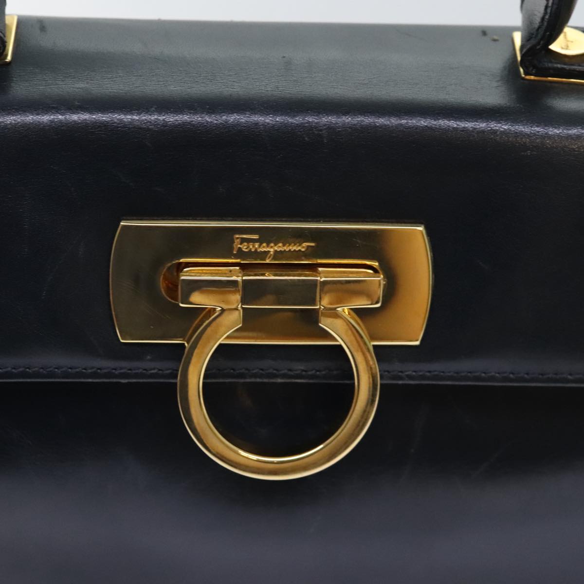 Salvatore Ferragamo Gancini Hand Bag Leather Navy Gold Auth 89731