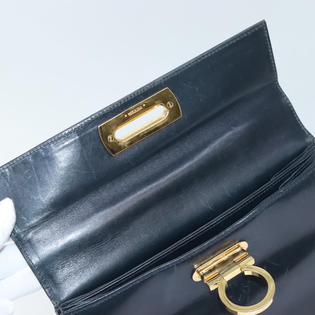 Salvatore Ferragamo Gancini Hand Bag Leather Navy Gold Auth 89731