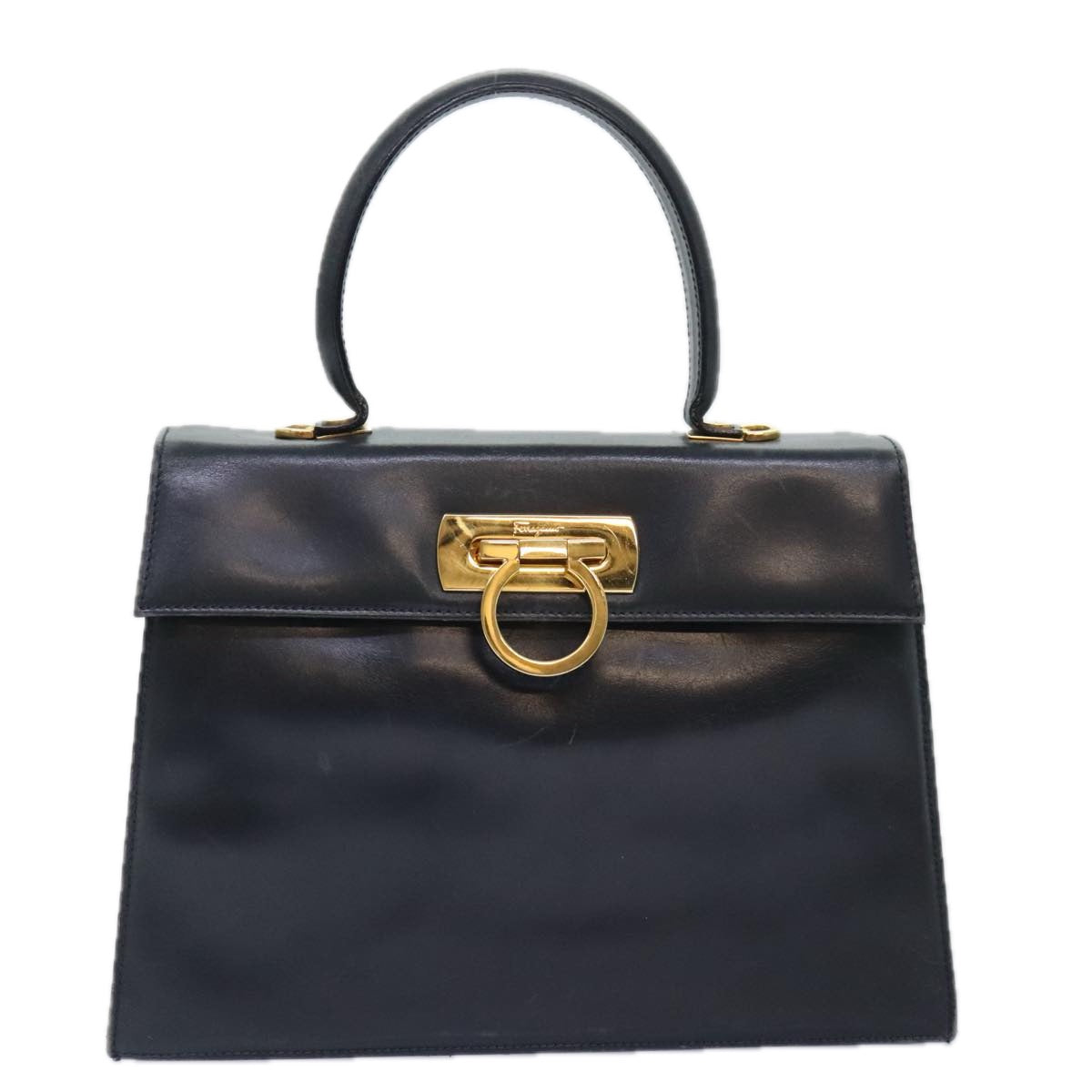 Salvatore Ferragamo Gancini Hand Bag Leather Navy Gold Auth 89731