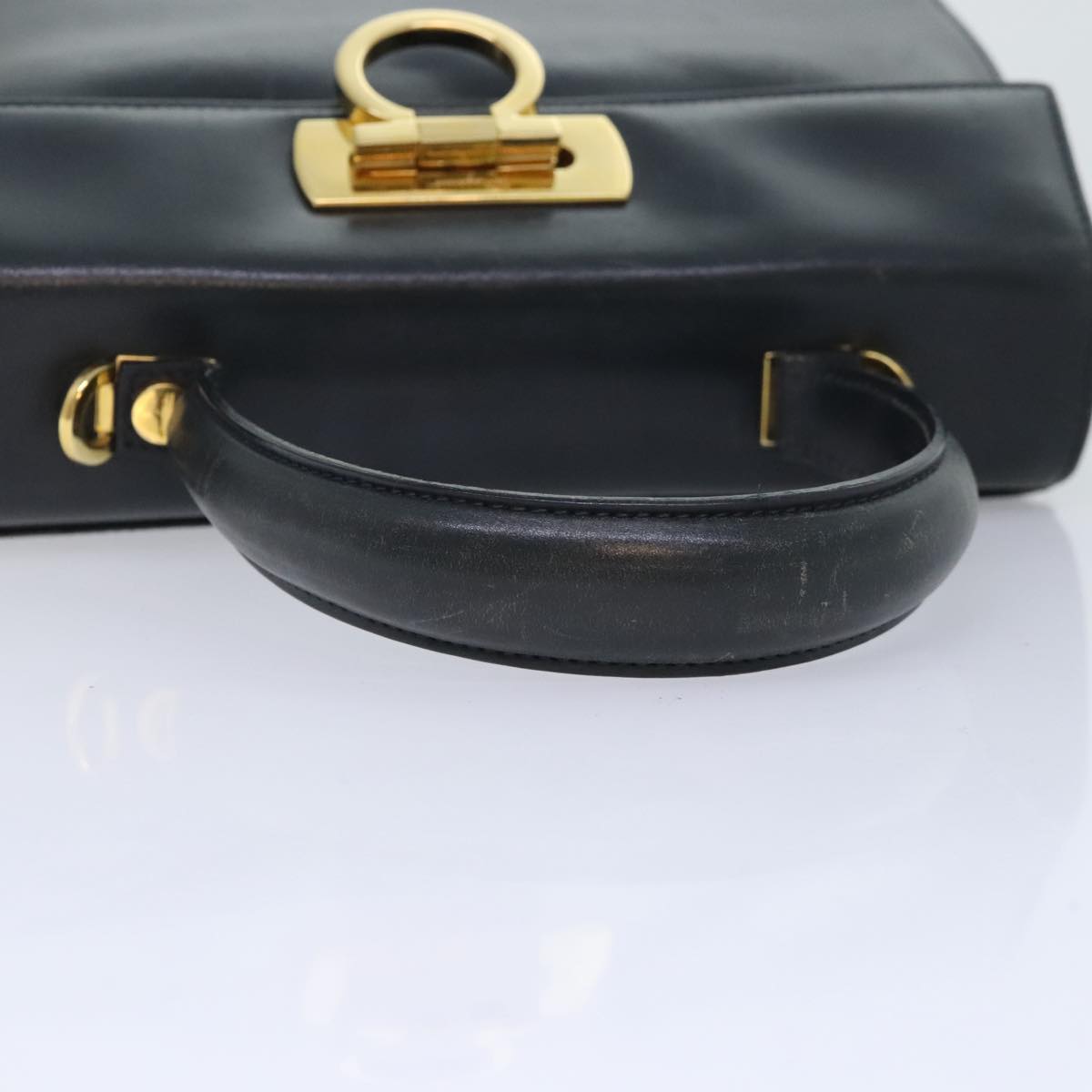 Salvatore Ferragamo Gancini Hand Bag Leather Navy Gold Auth 89731