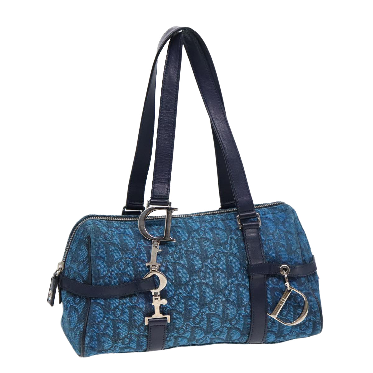 Christian Dior Trotter Canvas Boston Bag Blue Silver Auth 89748