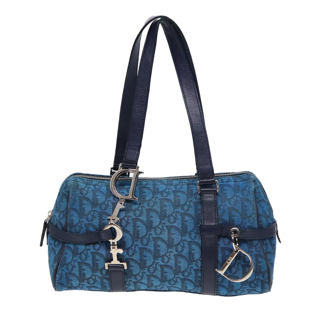 Christian Dior Trotter Canvas Boston Bag Blue Silver Auth 89748