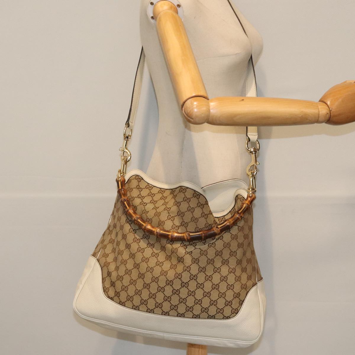 GUCCI GG Canvas Bamboo Hand Bag 2way Beige Gold 282315 Auth 89751