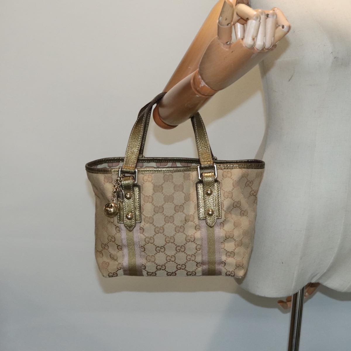 GUCCI GG Canvas Sherry Line Hand Bag Beige Gold pink 139261 Auth 89753