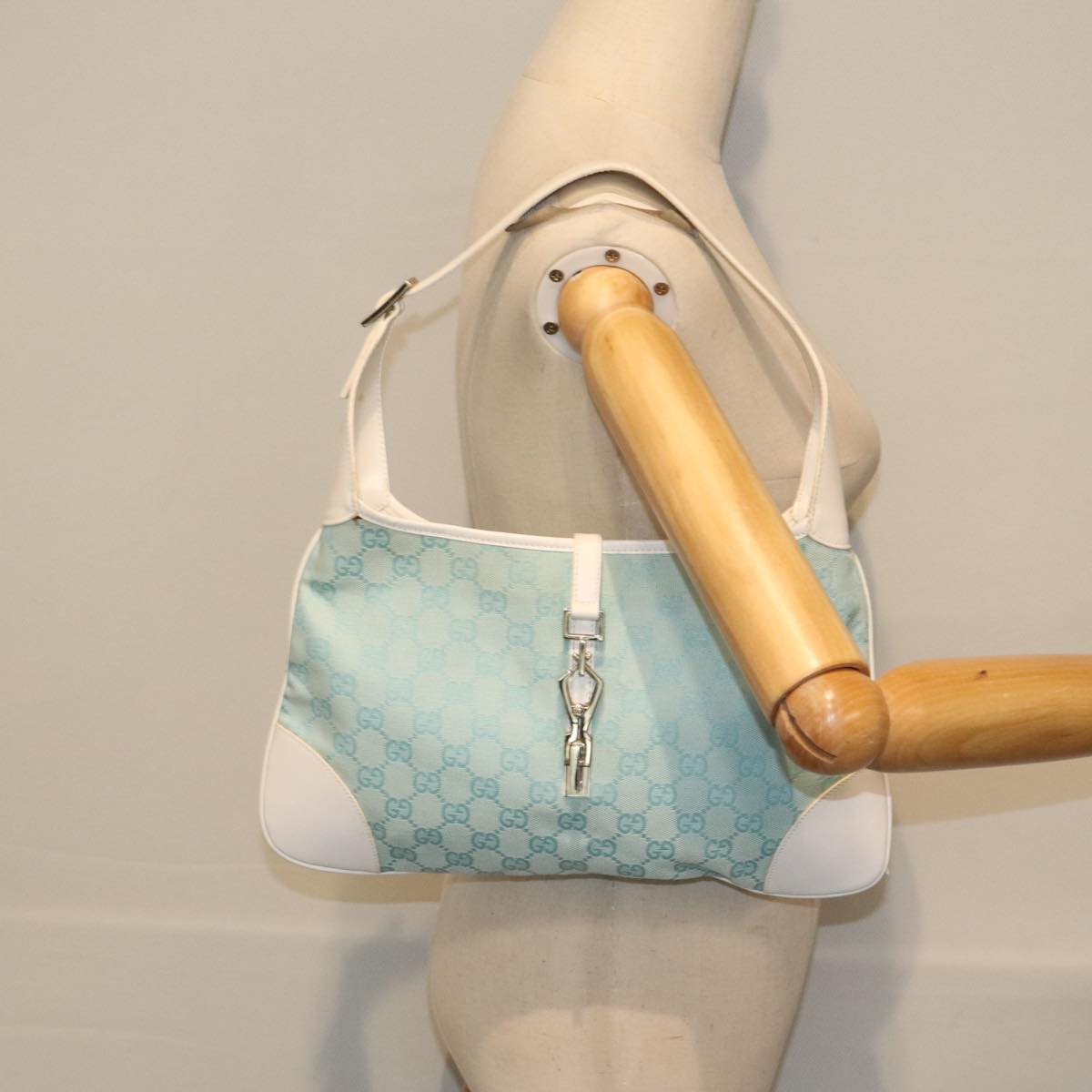 GUCCI Jackie GG Canvas Hand Bag Light Blue Gold 001 4057 3444 Auth 89755