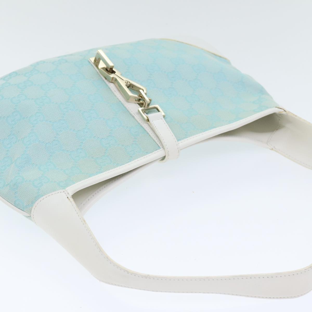 GUCCI Jackie GG Canvas Hand Bag Light Blue Gold 001 4057 3444 Auth 89755