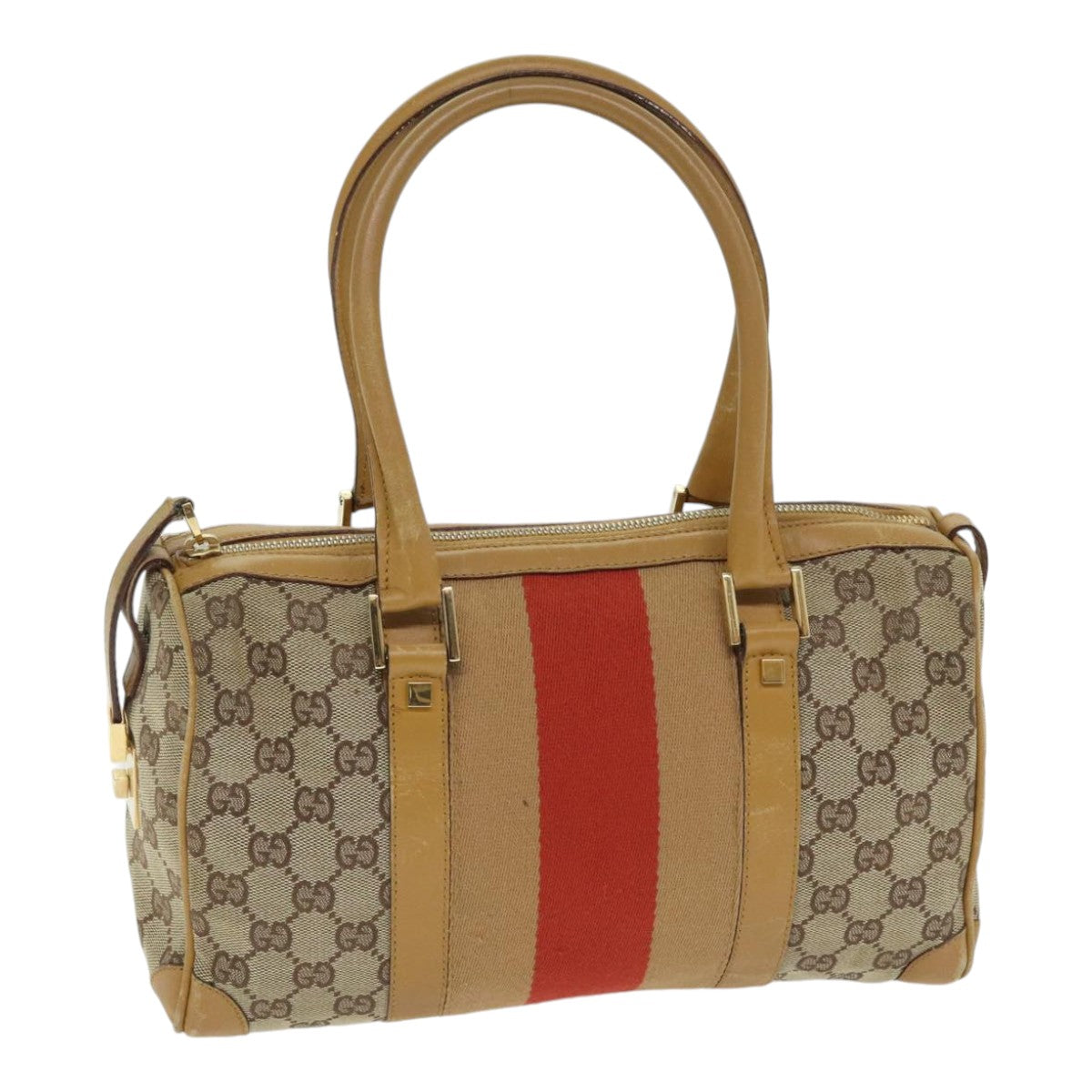 GUCCI GG Canvas Sherry Line Hand Bag Beige Brown Red 000 0851 Auth 89756