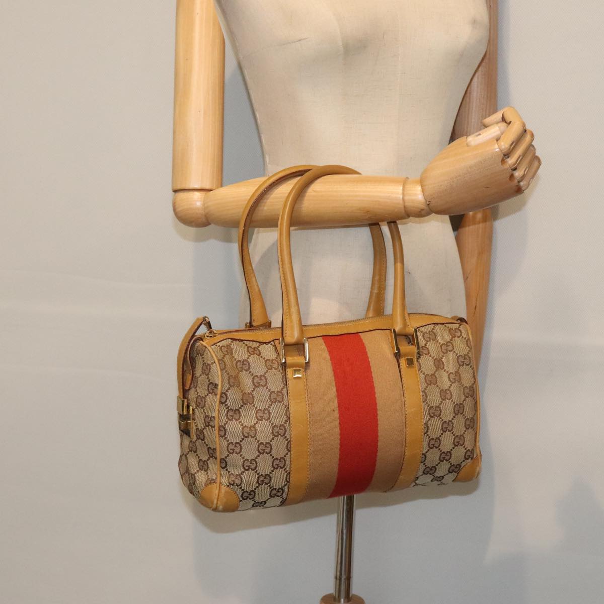 GUCCI GG Canvas Sherry Line Hand Bag Beige Brown Red 000 0851 Auth 89756