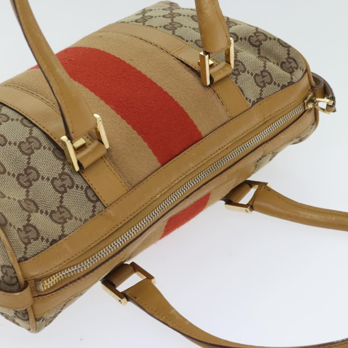 GUCCI GG Canvas Sherry Line Hand Bag Beige Brown Red 000 0851 Auth 89756