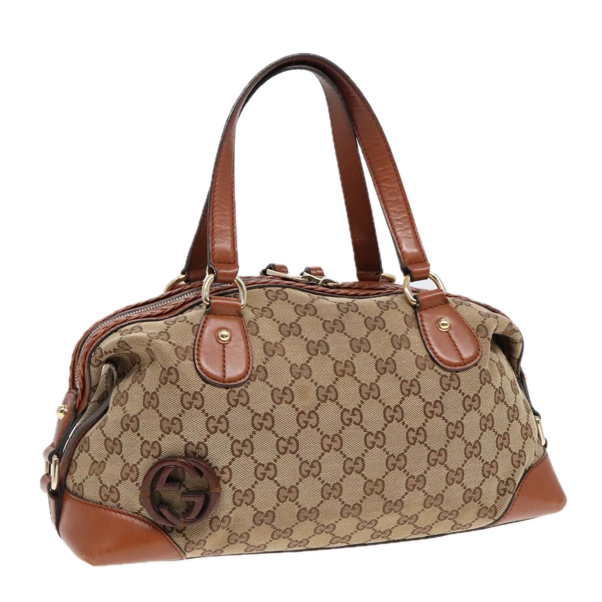 GUCCI GG Canvas Hand Bag Beige Brown Gold 296898 Auth 89757