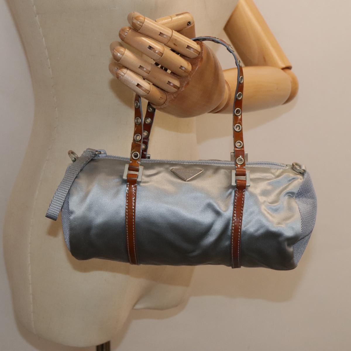 PRADA Hand Bag Satin Light Blue Auth 89783