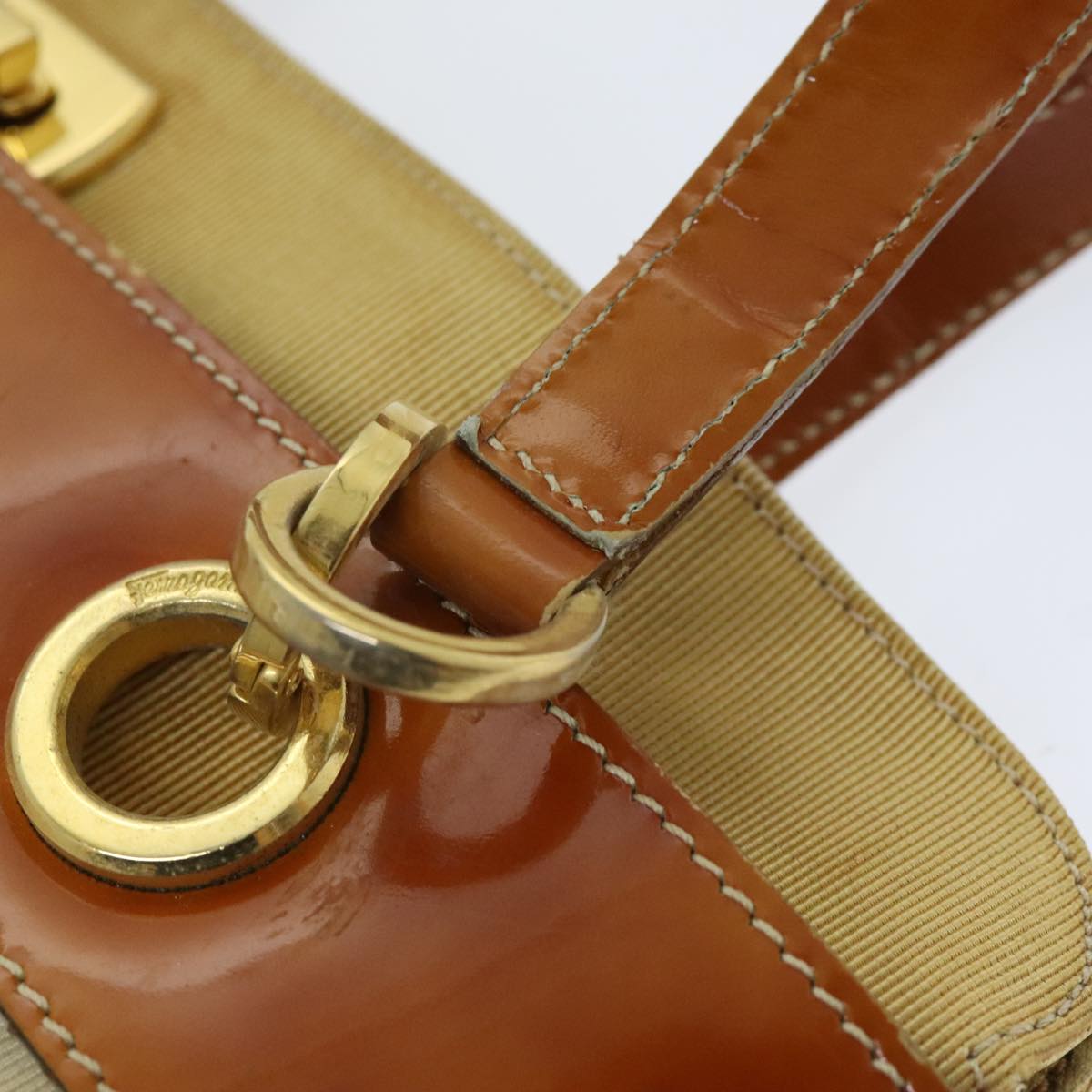 Salvatore Ferragamo Gancini Shoulder Bag Vinyl Beige Orange Auth 89799