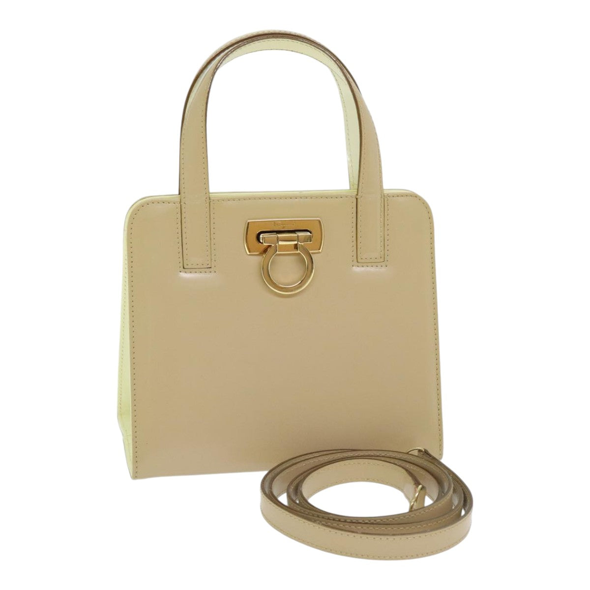 Salvatore Ferragamo Gancini Hand Bag Enamel 2way Beige Auth 89802